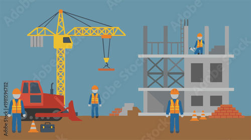 Construction site with workers, heavy equipment, and building in progress
