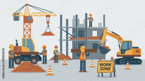 Construction site with workers, crane, and excavator building a structure