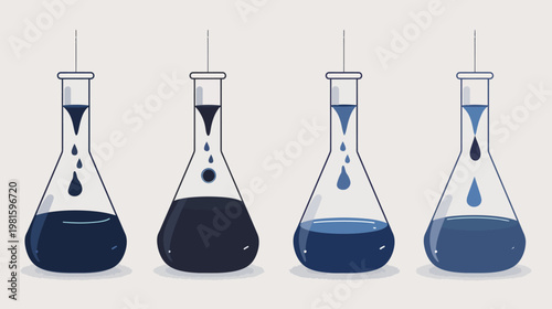 A stylized illustration depicting a series of laboratory flasks with liquid levels changing