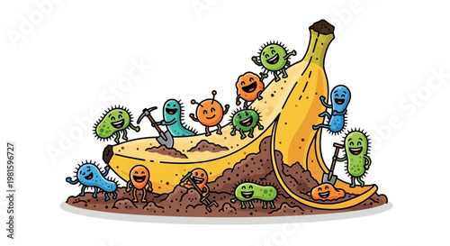 Cartoon microbes on banana peel.