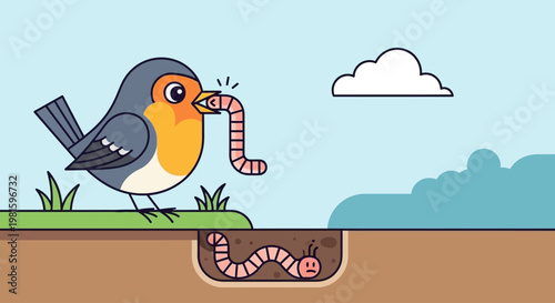 Bird eating a worm outdoors.