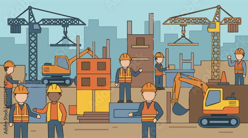 Building construction site with workers, cranes, and heavy equipment