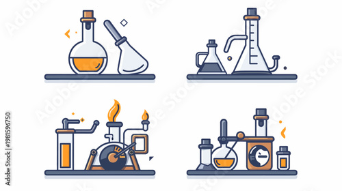 A collection of stylized illustrations of various lab equipment, including beakers, flasks, and burners