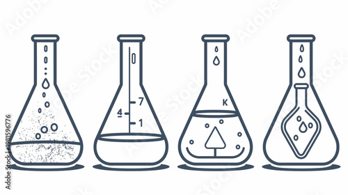 Four stylized beakers with different substances or visual representation of scientific processes