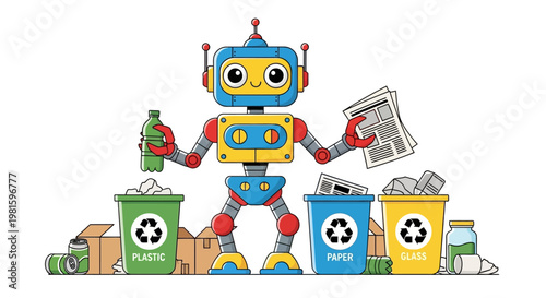 Robot Holding Recycling Bin Newspaper.
