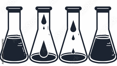 Four black and white beakers with liquids and drops. A science and laboratory themed graphic