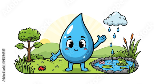 Smiling cartoon water droplet character standing.