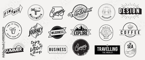 Set of vintage travel and adventure logos. Explore, wilderness, hiking, and sea themes. Creative designs for startup, nature, and travel enthusiasts. Logo element vector set.