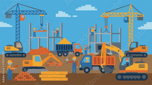 Busy construction site with workers and heavy machinery in flat design