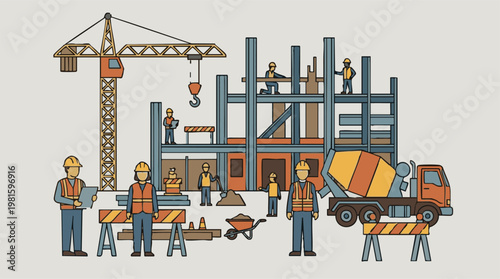 Construction site with workers, crane, and cement mixer truck illustration