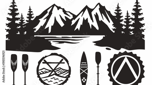 Black and white illustration featuring mountain range, lake, trees, kayak, paddles, and circular designs
