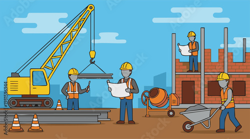 Construction site with workers, crane, and building progress illustration