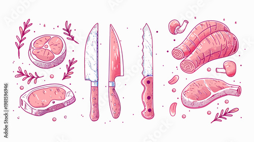 Hand-drawn style illustration featuring meat cuts, knives, and herbs, in a pink and white palette