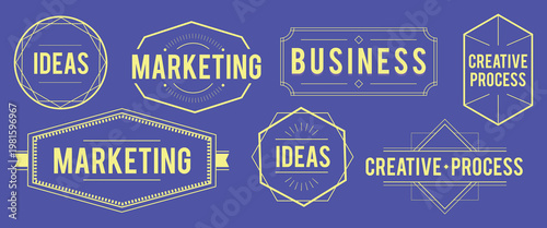 Set of marketing and business labels on a purple background. Includes 'ideas,' 'marketing,' 'business,' and 'creative process' in geometric designs. Logo element vector set.