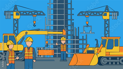 Construction site with heavy machinery, workers, and building development
