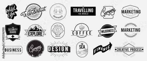 Set of vintage-style logos featuring themes like creative, adventure, startup, and nature. Includes designs for travel, hiking, and social media. Logo element vector set.