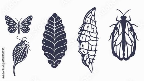A collection of simple, stylized illustrations of insects and a leaf, in a dark blue hue