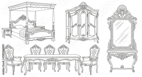 Ornate Furniture Set - Bed, Wardrobe, Mirror, and Dining Set.