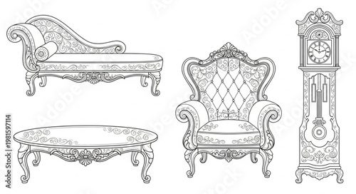 Ornate Furniture Set - Chaise Lounge, Armchair, Bench, and Grandfather Clock.