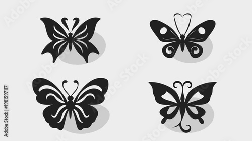 Four stylized black butterfly illustrations arranged on a light gray background, each unique