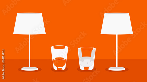 Illustration featuring two lamps and two glasses with liquid on an orange background