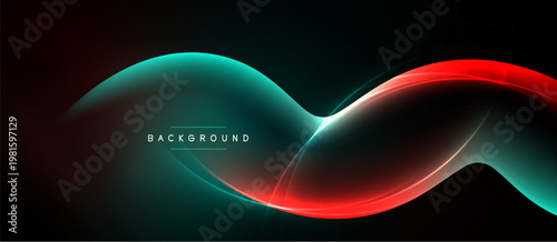 Abstract waves, vibrant teal, red hues. Dark background creates dynamic visual effect. Modern design element, smooth curves.