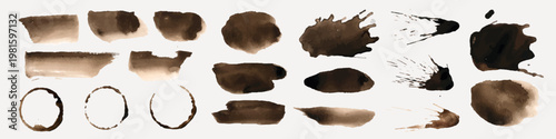 Collection of brown watercolor brush strokes. Various shapes and textures. Brown watercolor splashes and strokes. Artistic brush strokes in brown hues. Element vector set.