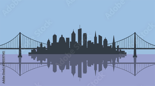 Stylized city skyline and suspension bridge silhouette with water reflection