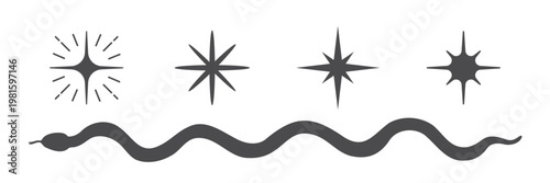 Minimalist black snake and star symbols. Snake and stars in simple design. Elegant snake and star motifs in black. Artistic snake and star shapes. Spirituality vector set.