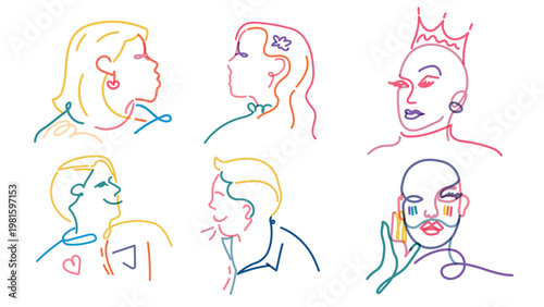 Colorful line art of diverse faces, including male, female, and gender-neutral profiles. Vibrant and abstract, showcasing unique expressions and styles. Doodle vector set.