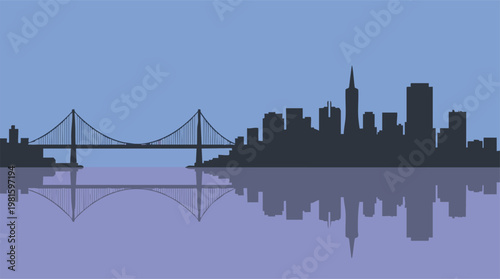 Minimalist San Francisco Skyline with Bridge and Water Reflection