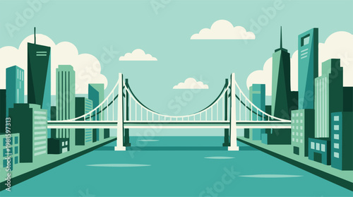 Modern city architecture with a long suspension bridge over water