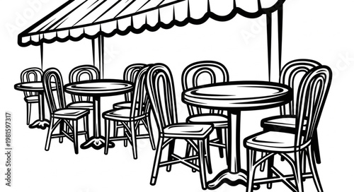 Outdoor Cafe Scene with Tables, Chairs, and Awning Illustration.
