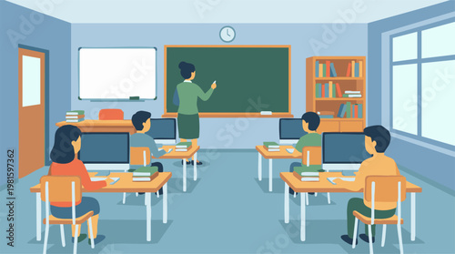 Teacher and students learning with computers in a modern classroom