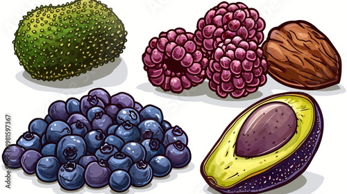 Colorful illustrated fruits including blueberries, avocado, raspberry clusters, a spiky fruit, and almond