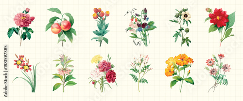 A collection of watercolor flowers on a grid background. Vibrant flowers, watercolor style, grid layout. Various colorful flowers in watercolor on grid. Floral illustrations, isolated vector set.