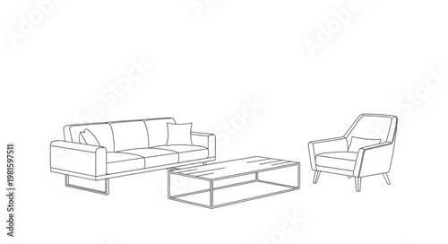 Outline of a sofa, ottoman, and armchair set.