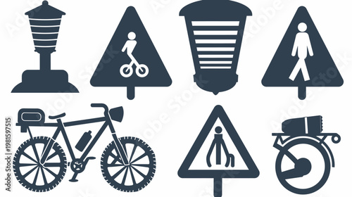 Set of graphic illustrations, including street lamps, signs, and a bicycle, in a minimalist style