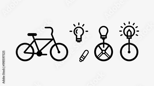 Collection of various line art icons featuring bicycle, lightbulbs, and unicycle images
