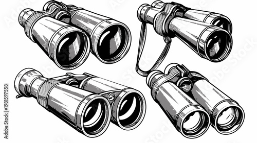 Four detailed illustrations of binoculars in different positions, emphasizing their lenses and design