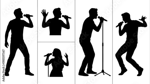 Vocalist Silhouette Vector Set – Singing Performance Poses in Clean Grid Layout
