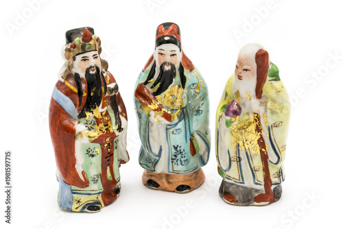 Gods of the Chinese isolated on white background; , Prosperity (Lu,Lok), and Longevity (Shou,Siu), God of Fortune (Fu,Hok)