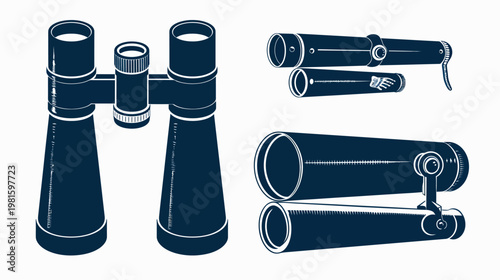 Vector illustration of various optical devices, including binoculars and telescopes