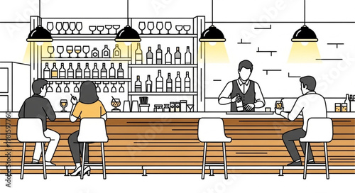 People at a bar with bartender serving drinks.