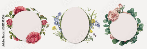 Three floral frames with roses and wildflowers. Each frame features vibrant flowers, including roses and wildflowers, creating elegant floral designs. Frame illustrations, isolated vector set.