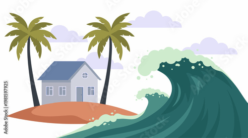 Tsunami wave approaching a house on a tropical island with palm trees
