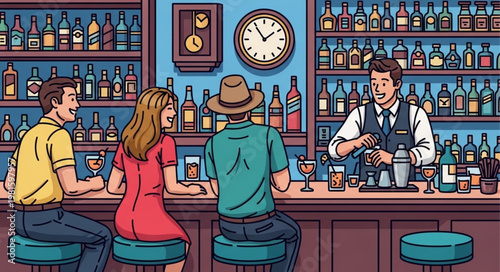 People enjoying drinks at a bar with a bartender.