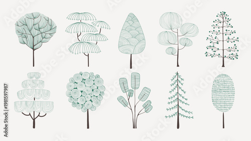 Illustration of various tree designs, featuring diverse shapes and patterns. Each tree is unique, showcasing different artistic styles and tree forms. Botanical illustrations, isolated vector set.