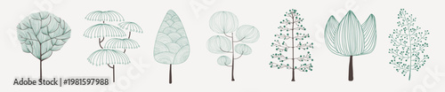 Illustration of stylized trees, each with unique leaf patterns. Trees vary in shape and design, showcasing diverse tree styles and artistic tree illustrations. Botanical illustrations, vector set.