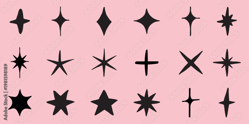 Fototapeta premium Various black star shapes on a pink background. Includes different star designs, star patterns, and star silhouettes. Star shapes are diverse and creative. Doodle star set.